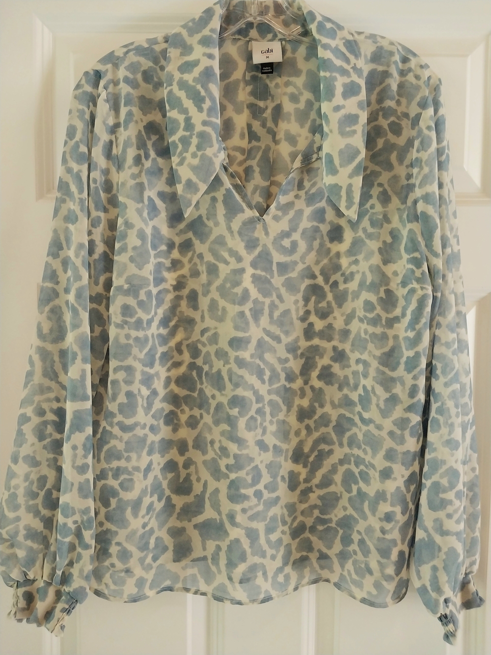 CAbi Blue Leopard Print Collared Sheer Blouse